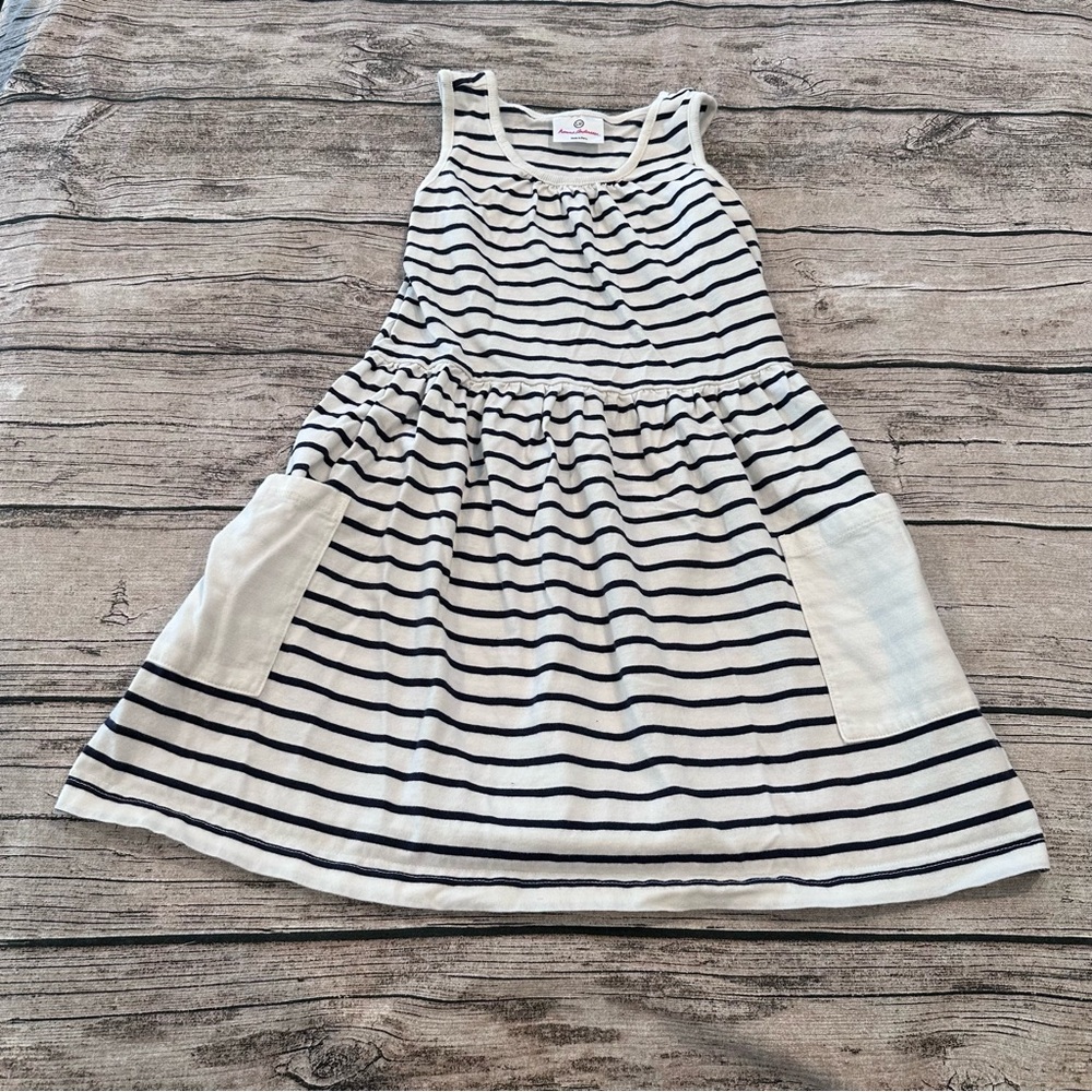 Hanna Andersson Dark Navy and White Striped Sleeveless Dress Patch Pockets Sz 8